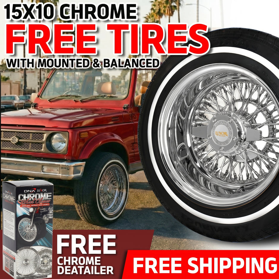 15x10 100 Spokes Straight Lace Reverse Chrome Wheel Set with Free Tires & Chrome Detailer