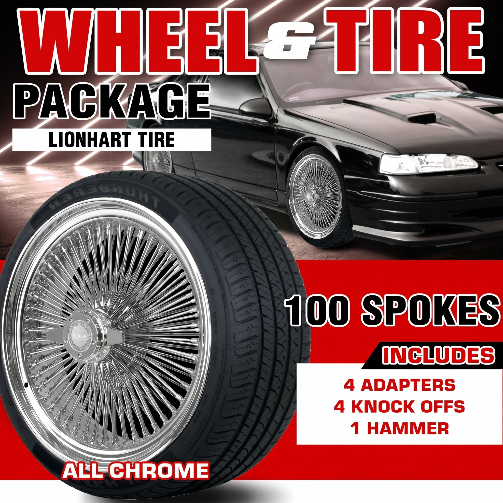 17x8 100 spokes Straight Lace Standard Chrome Wheel Set with Lionhart Tires