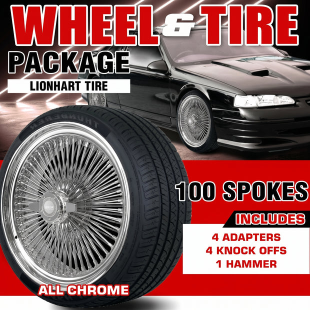 17x8 100 spokes Straight Lace Standard Chrome Wheel Set with Lionhart Tires