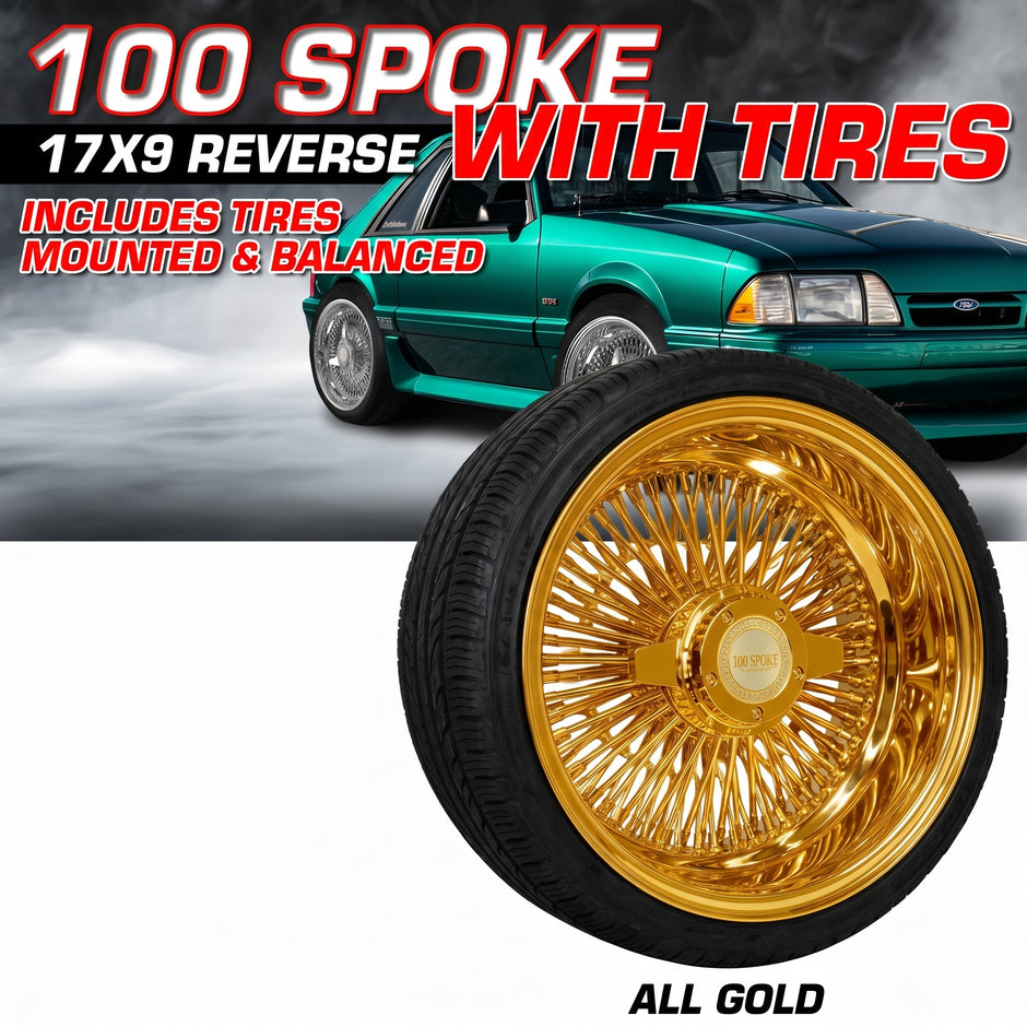 17x9 100 spokes Straight Lace Reverse Gold  Wheel Set with Free Tires