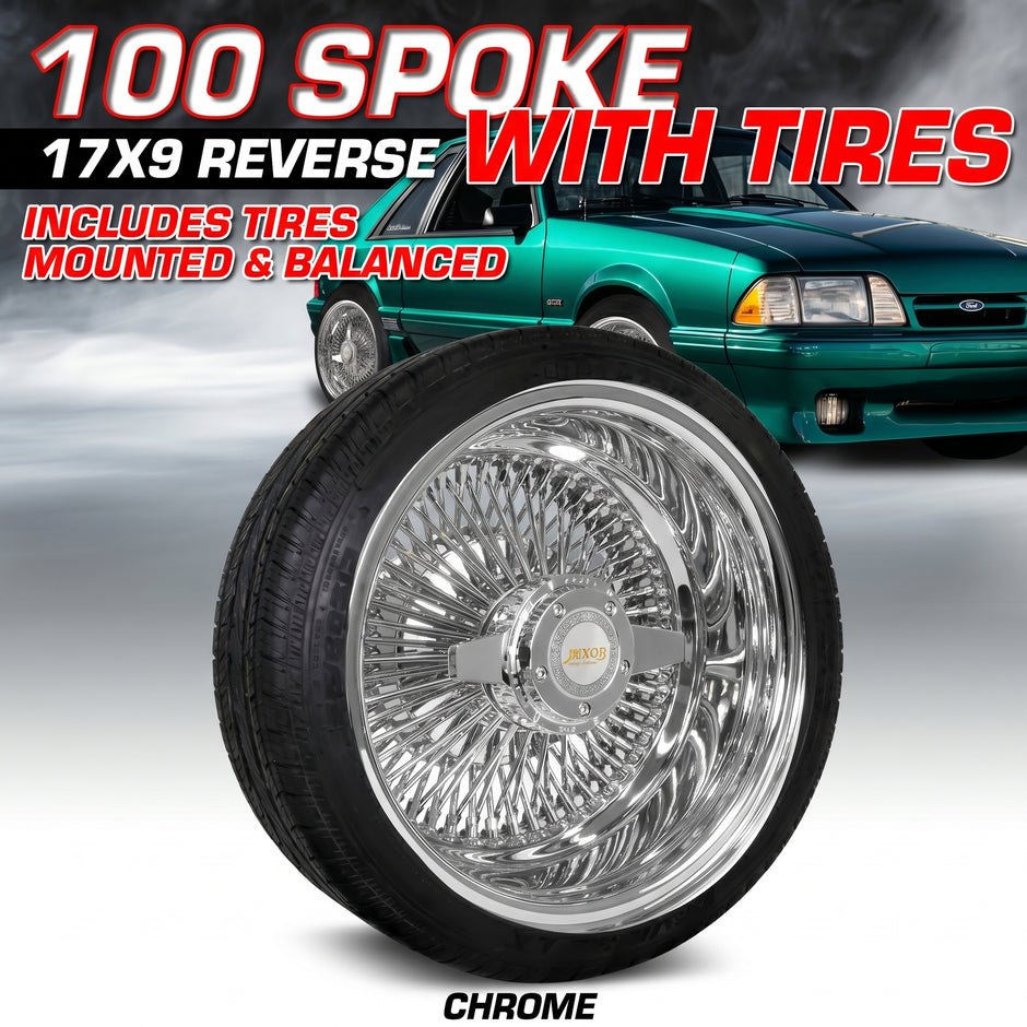 17x9 100 spokes Straight Lace Reverse Chrome Wheel Set with Free Tires